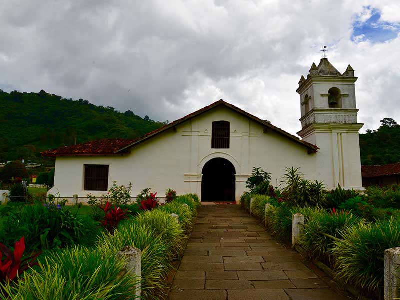 Une église blanche avec un clocher entouré de verdure.