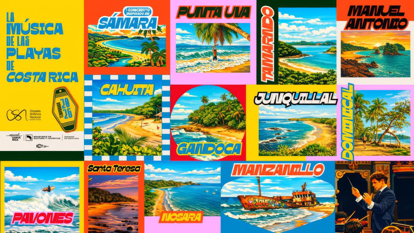 Une affiche colorée intitulée « La música de las playas de Costa Rica » (La musique des plages du Costa Rica) représentant des scènes de plage illustrées et accompagnées des noms des villes côtières (Sámara, Punta Uva, Tamarindo, Manuel Antonio, Cahuita, Gandoca, Junquillal, Dominical, Pavones, Santa Teresa, Nosara, Manzanillo) disposées comme des cartes de concert sur un fond vibrant.